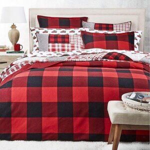 Martha Stewart Buffalo Plaid Flannel Cotton KING Duvet Cover Red / Black